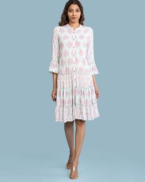 printed tiered fit & flare dress with band collar