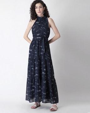 printed tiered maxi dress with belt