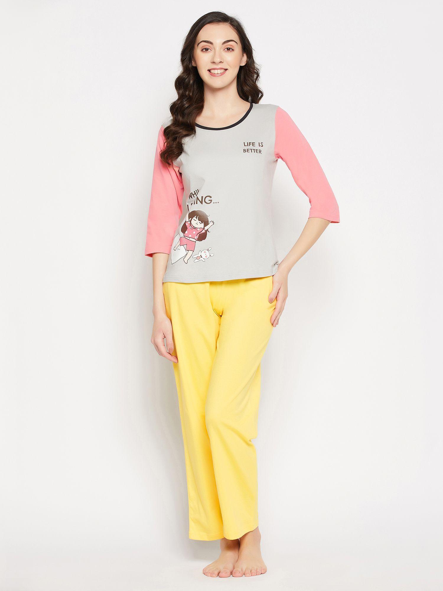 printed top & chic basic pyjama - 100 percent cotton -grey