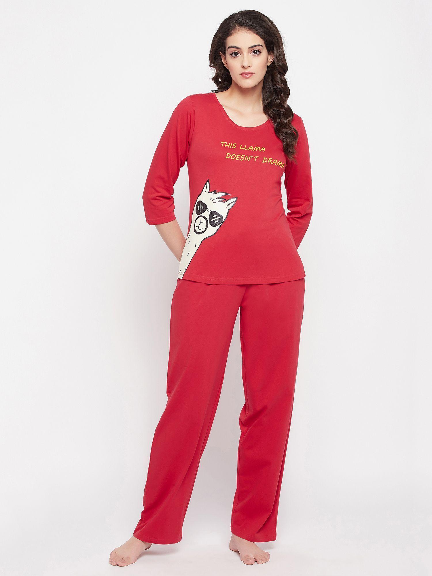 printed top & pyjama pure cotton red (set of 2)