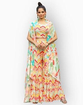 printed top & sharara set with cape