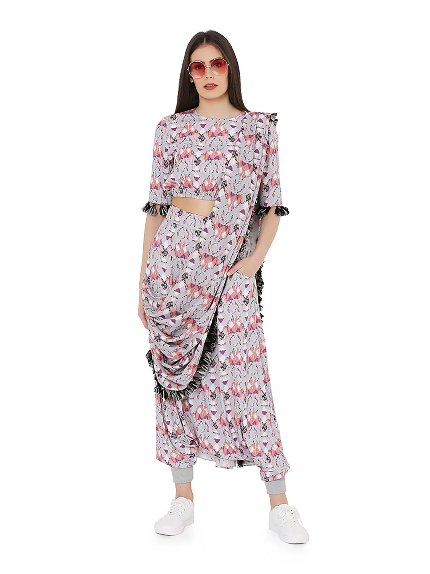 printed top and low crotch pant with attached drape dupatta (set of 3)