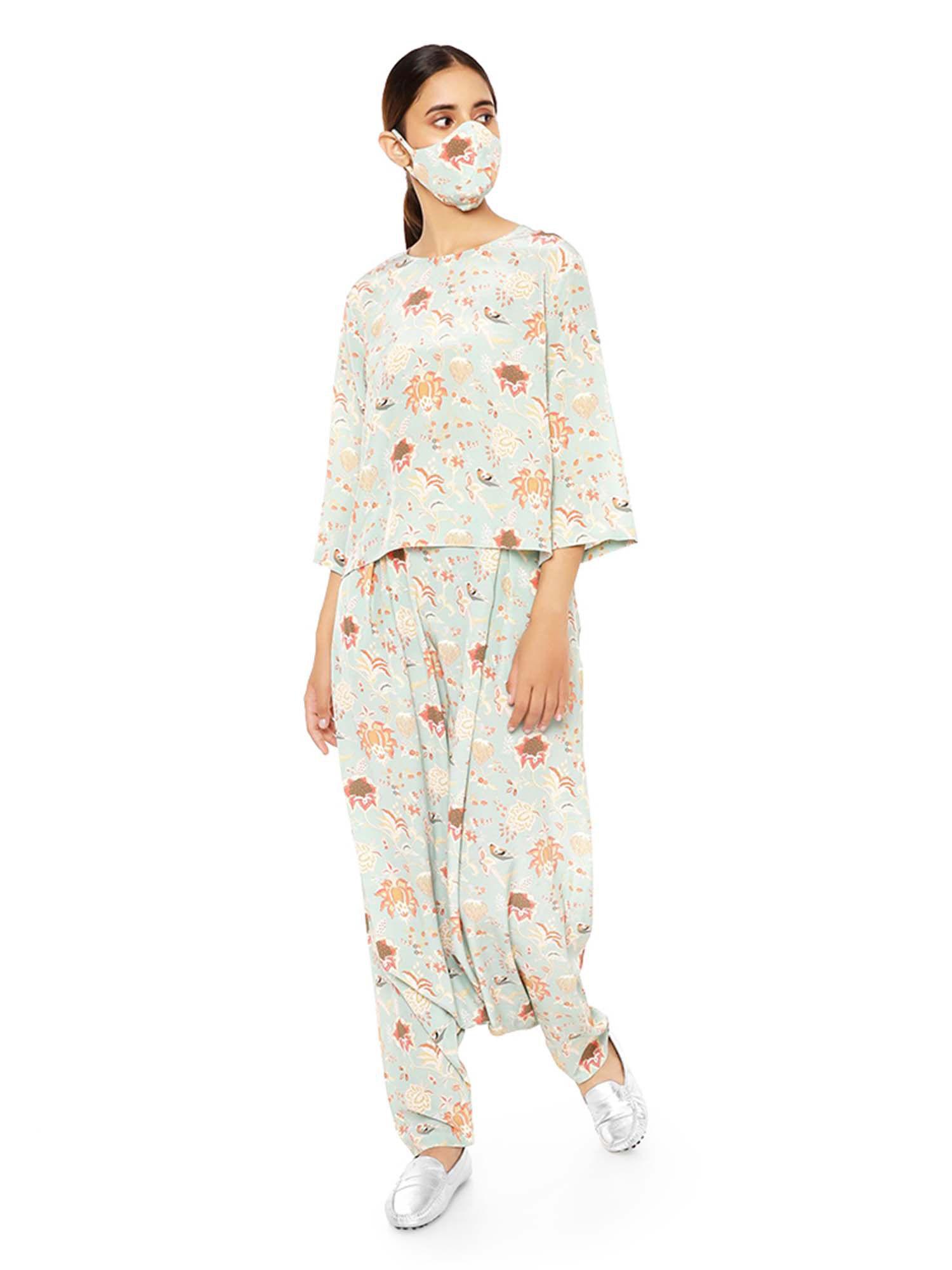 printed top with low crotch pant and matching reversible 3 ply mask (set of 3)