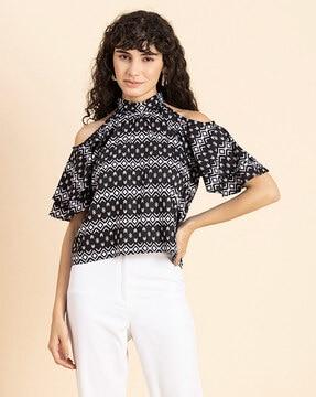 printed top with ruffled details