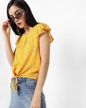 printed top with ruffles sleeves