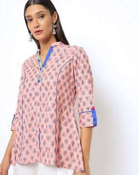 printed tunic with mandarin collar