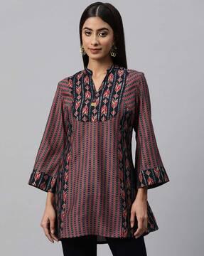 printed tunic with mandarin collar