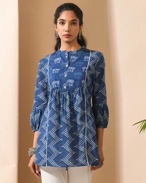 printed tunic with mandarin collar