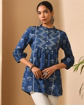 printed tunic with mandarin collar