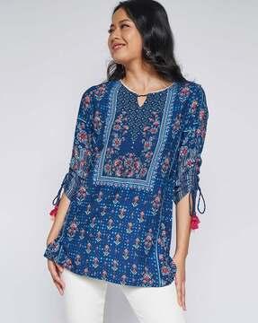 printed tunic with ruched sleeves