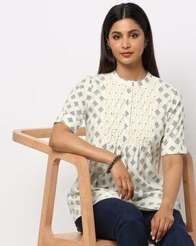 printed tunic with smocking detail