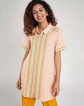 printed tunic with spread collar