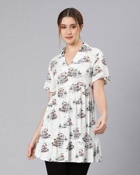 printed tunic with spread collar