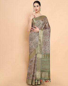 printed tussar saree with tassels