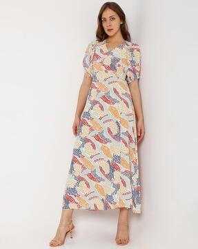 printed v-neck a-line dress