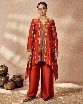 printed v-neck a-line kurta with palazzos