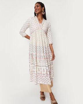 printed v-neck a-line kurta