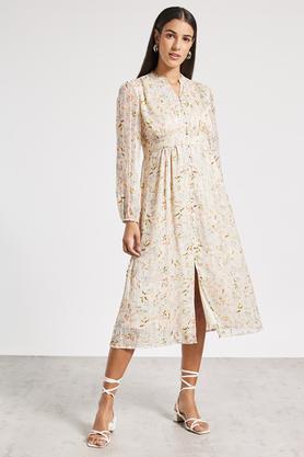 printed v neck chiffon women's knee length dress - off white