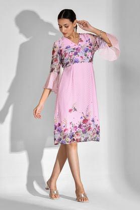 printed v-neck chiffon women's knee length dress - pink