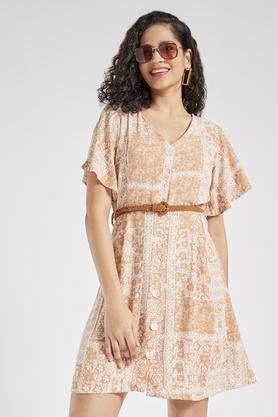 printed v neck cotton blend women's knee length dress - natural