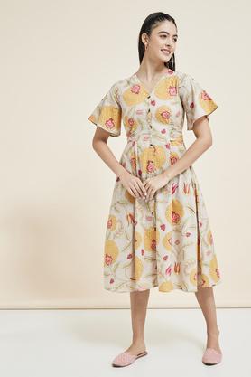 printed v neck cotton blend women's maxi dress - yellow