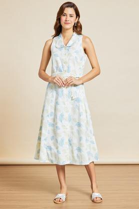 printed v neck cotton slub women's knee length dress - off white