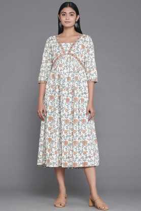 printed v-neck cotton women's calf length dress - off white