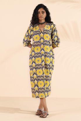 printed v-neck cotton women's calf length dress - yellow
