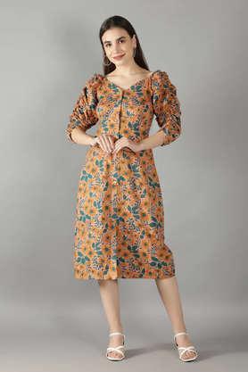 printed v-neck cotton women's dress - peach