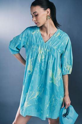 printed v-neck cotton women's dress - turquoise