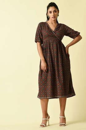 printed v-neck cotton women's knee length dress - multi