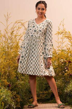 printed v-neck cotton women's knee length dress - natural