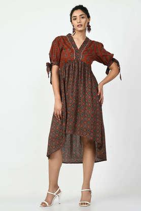 printed v-neck cotton women's knee length dress - rust