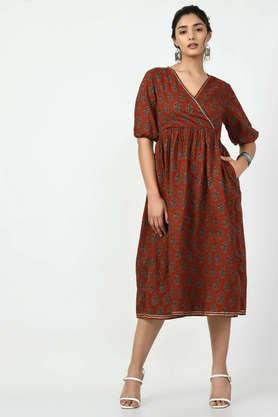 printed v-neck cotton women's knee length dress - rust