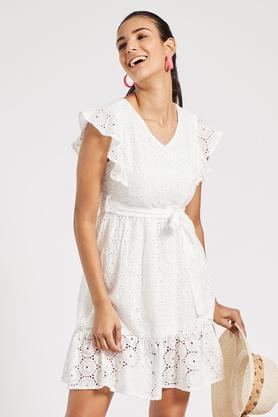 printed v neck cotton women's knee length dress - white