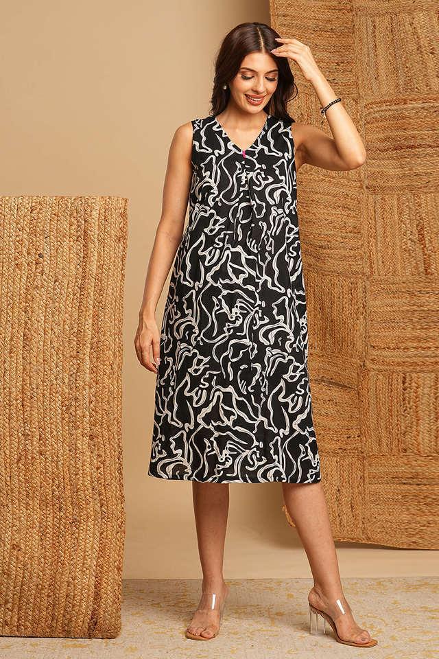 printed v-neck cotton womens knee length ethnic dress