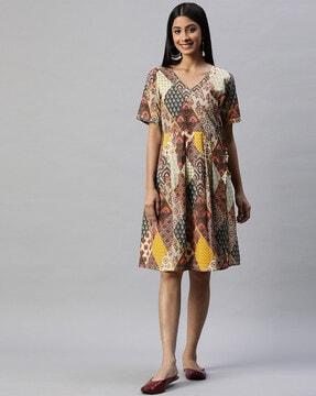 printed v-neck fit & flare dress