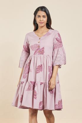 printed v neck flex women's midi dress - purple