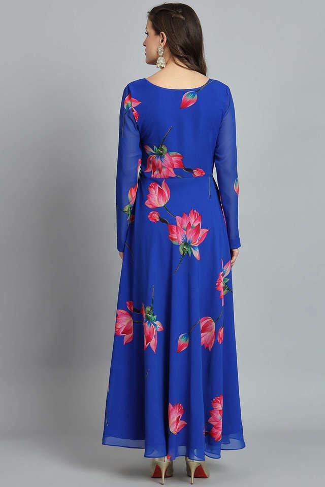 printed v-neck georgette women's ethnic dress - blue