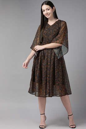 printed v-neck georgette women's knee length dress - brown