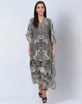 printed v-neck gown dress