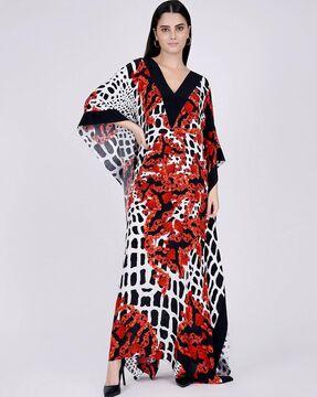 printed v-neck gown dress