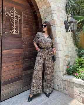 printed v-neck jumpsuit with insert pockets