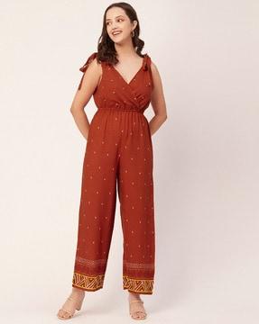 printed v-neck jumpsuit with tie-ups