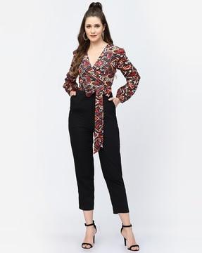 printed v-neck jumpsuit with waist tie-up detail