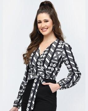 printed v-neck jumpsuit with waist tie-up detail