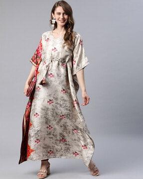 printed v-neck kaftan with waist tie-up