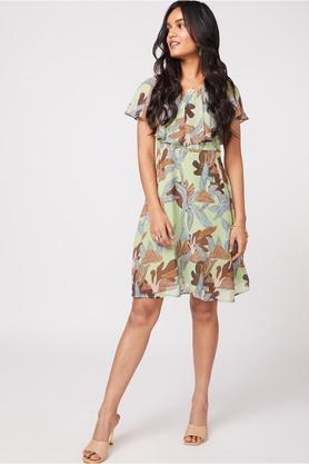 printed v neck poly blend womens flared fit mini dress - green