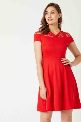 printed v-neck polyester women's casual dress - red