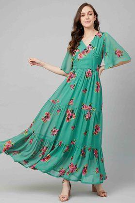 printed v-neck polyester women's fit and flare dress - green